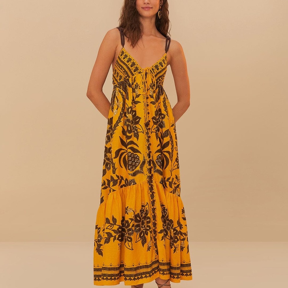 FARM Rio Yellow Gold Spaghetti Strap Sundress Maxi